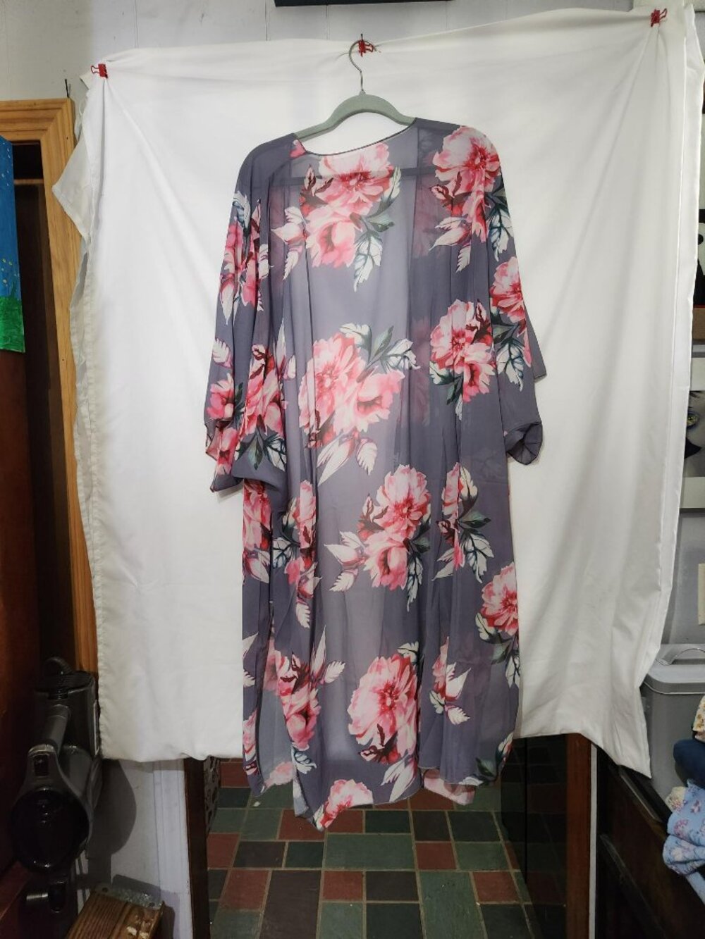 Floral Chiffon Kimono Cardigan XXL Gray Pink Boho Duster Beach Cover Up